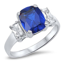 Load image into Gallery viewer, Sterling Silver Rhodium Plated Rectangle Shaped Blue Sapphire And Clear CZ RingAnd Face Height 10mm