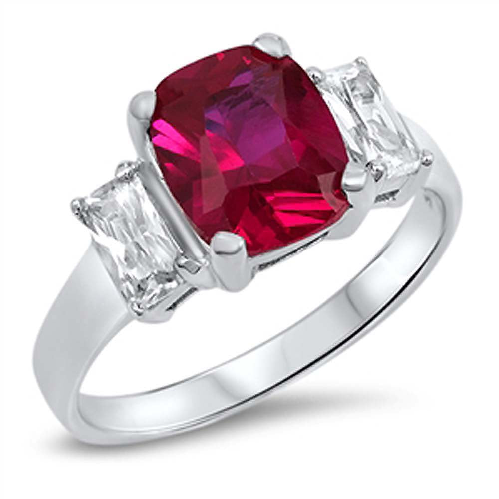 Sterling Silver Three Stones Ruby Oval With Clear CZ RingAnd Face Height 5mm