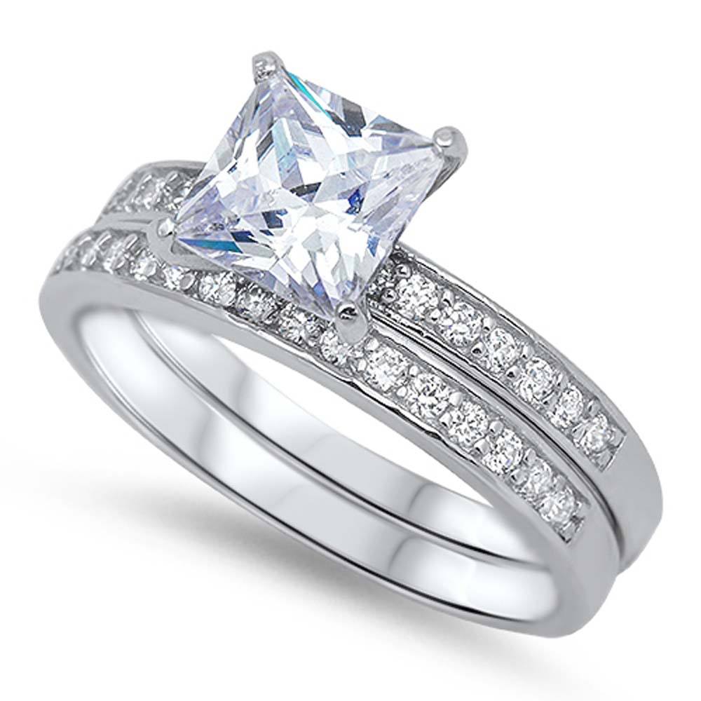 Sterling Silver Bridal Set Band with Pave CZ and Centered Clear Princess Cut Solitaire CZ, Band Width of 5MM and Center Stone Size of 7MM