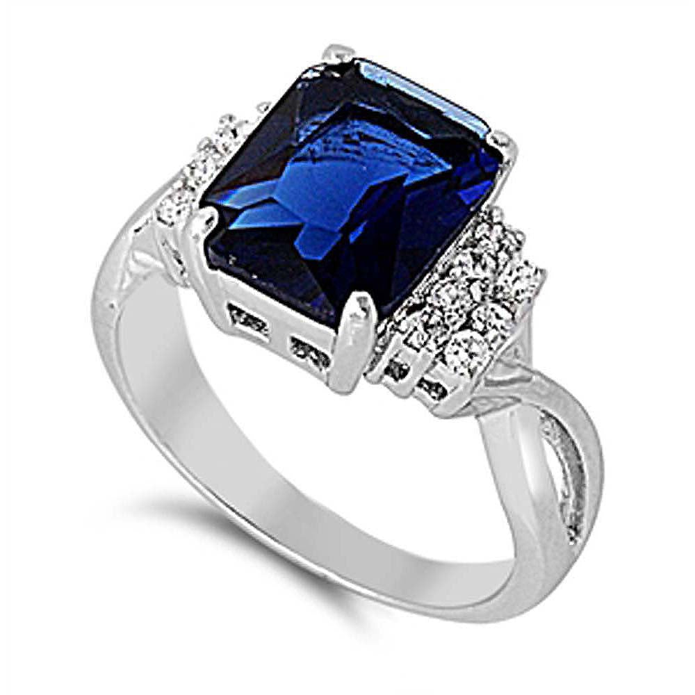 Sterling Silver Synthetic Blue Sapphire Rectangle Shaped Clear CZ RingAnd Face Height 10mm