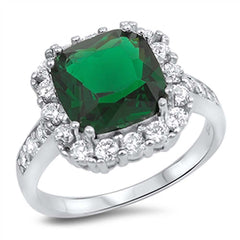 Sterling Silver Emerald Square With Clear CZ RingAnd Face Height 13mm