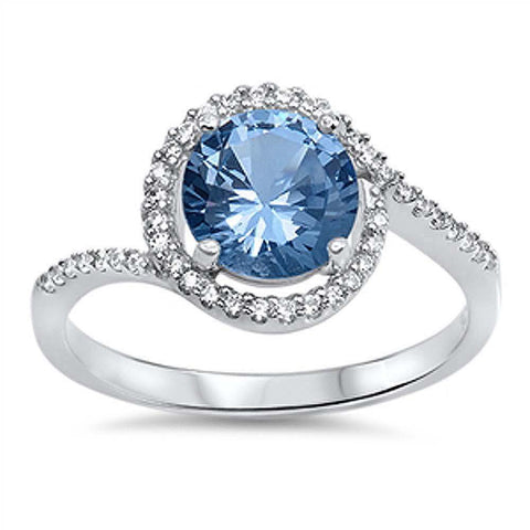 Sterling Silver Round Infinity Shaped Aquamarine And Clear CZ RingAnd Face Height 11mm