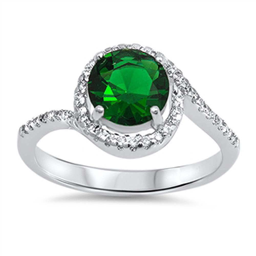 Sterling Silver Round Infinity Shaped Emerald And Clear CZ RingAnd Face Height 11mm