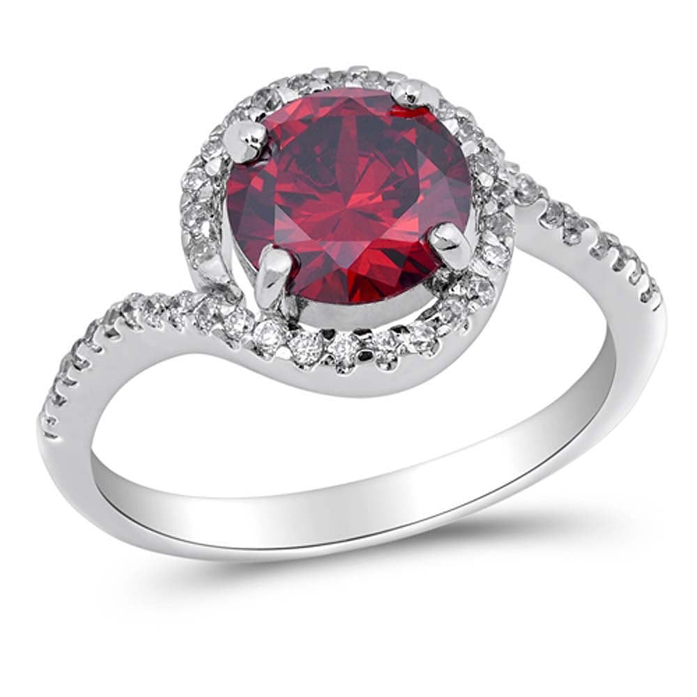 Sterling Silver Round Shaped Garnet And Clear CZ RingAnd Face Height 11mm