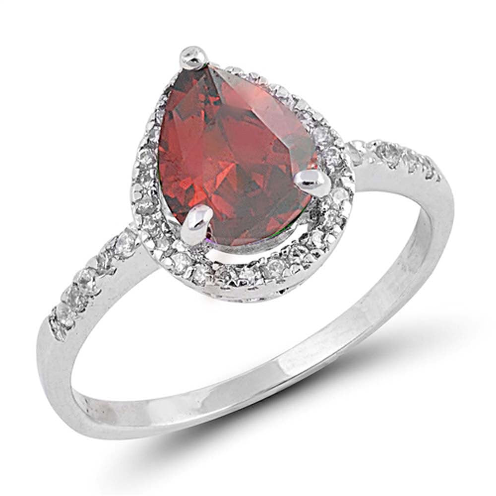 Sterling Silver Pear Shaped Garnet And Clear CZ RingAnd Face Height 12mm