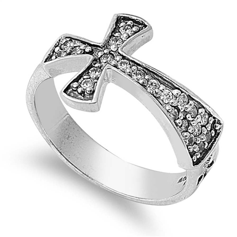 Sterling Silver Sideway Cross Shaped Clear CZ RingAnd Face Height 13mm