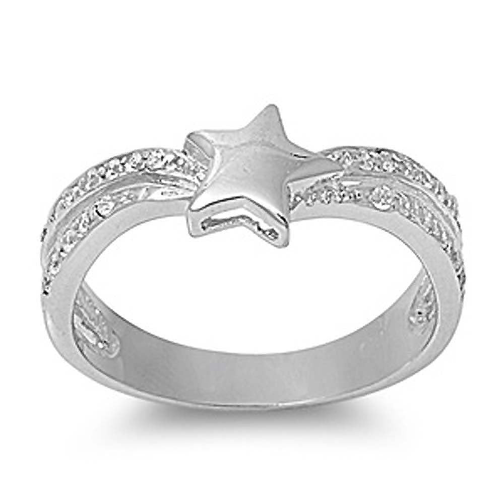 Sterling Silver Star Shaped Clear CZ RingAnd Face Height 8mm