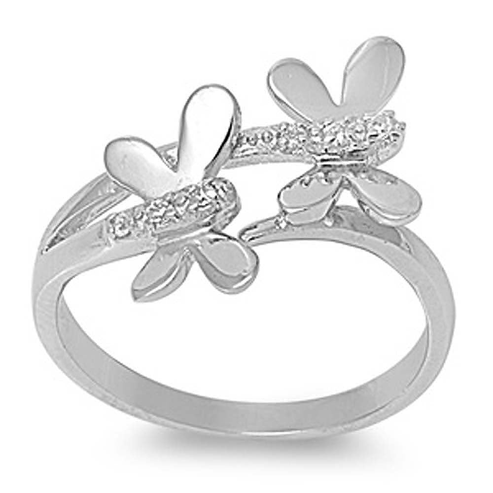 Sterling Silver Dragonflies Shaped Clear CZ RingAnd Face Height 15mm