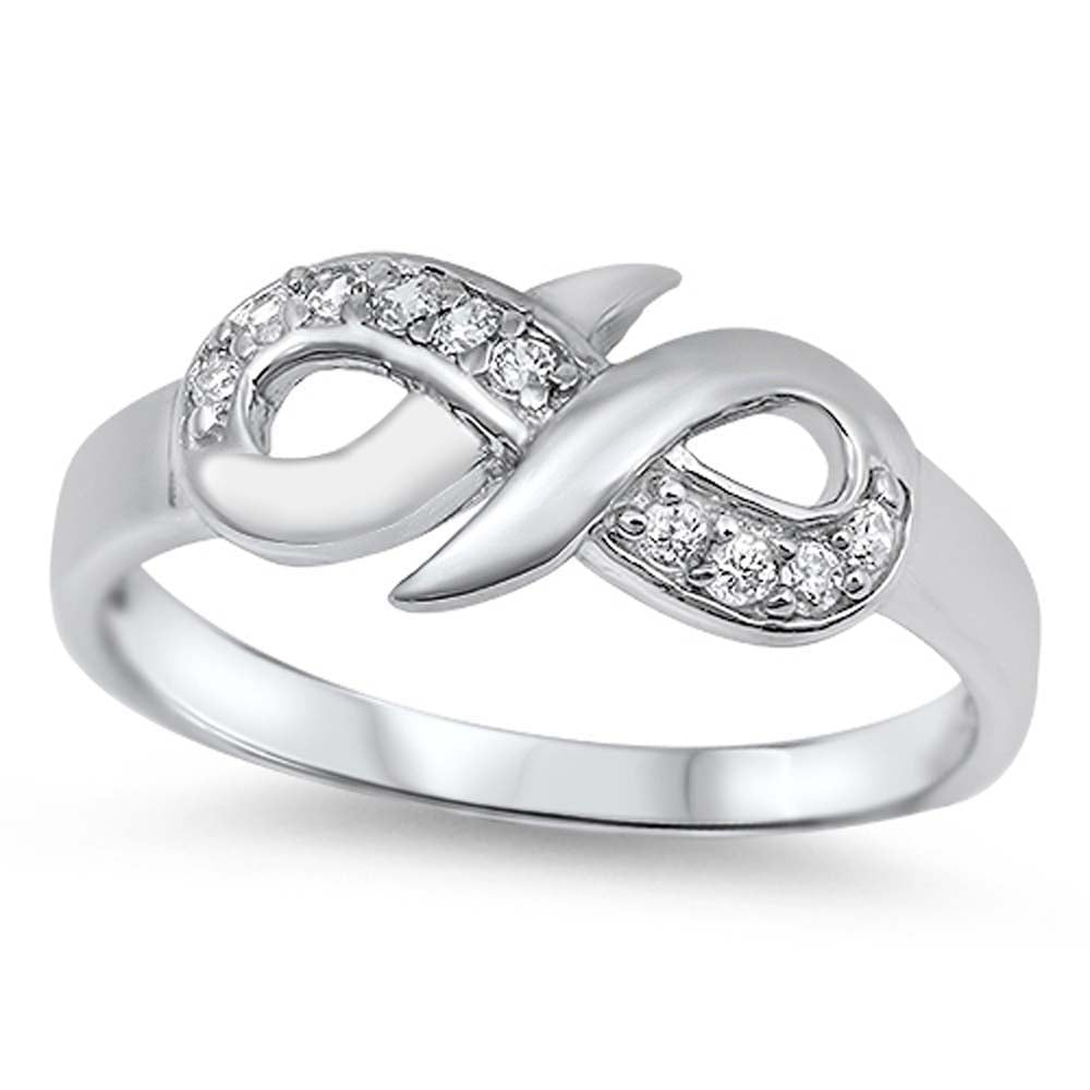 Sterling Silver Classy Infinity Bow Design Ring with Multi Simulated Clear Diamonds with Face Height of 8MM