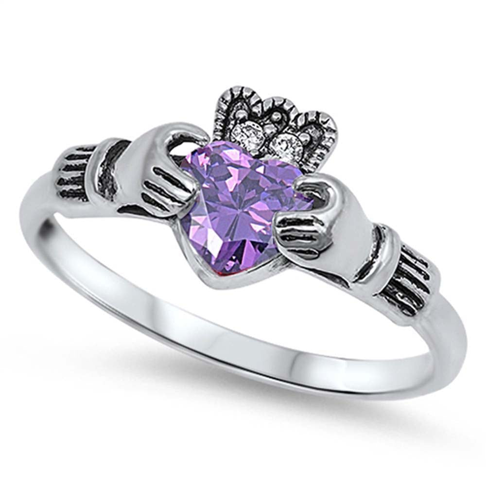 Sterling Silver Amethyst Claddagh with Clear CZ Ring, Face Height 10mm