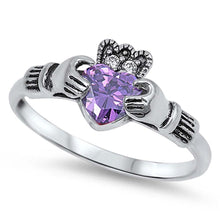 Load image into Gallery viewer, Sterling Silver Amethyst Claddagh With Clear CZ RingAnd Face Height 10mm