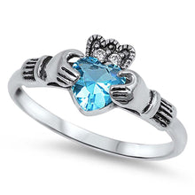 Load image into Gallery viewer, Sterling Silver Blue Topaz Claddagh With Clear CZ RingAnd Face Height 10mm