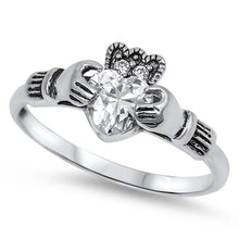 Load image into Gallery viewer, Sterling Silver Claddagh With Clear CZ RingAnd Face Height 10mm