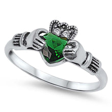 Load image into Gallery viewer, Sterling Silver Emerald Claddagh With Clear CZ RingAnd Face Height 10mm