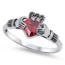 Load image into Gallery viewer, Sterling Silver Garnet Claddagh With Clear CZ RingAnd Face Height 10mm