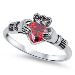 Sterling Silver Garnet Claddagh With Clear CZ RingAnd Face Height 10mm