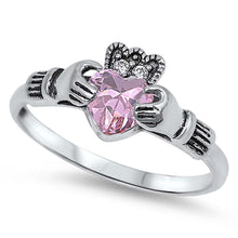Load image into Gallery viewer, Sterling Silver Pink Claddagh With Clear CZ RingAnd Face Height 10mm