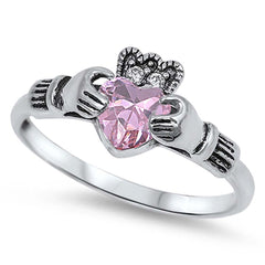 Sterling Silver Pink Claddagh With Clear CZ RingAnd Face Height 10mm