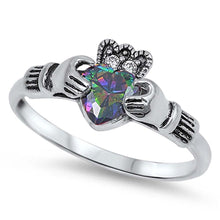 Load image into Gallery viewer, Sterling Silver Rainbow Topaz Claddagh With Clear CZ RingAnd Face Height 10mm