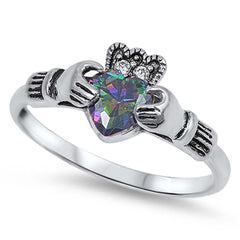Sterling Silver Rainbow Topaz Claddagh With Clear CZ RingAnd Face Height 10mm
