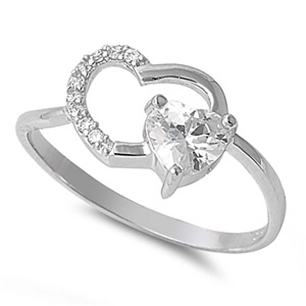 Sterling Silver Hearts Shaped Clear CZ RingAnd Face Height 10mm