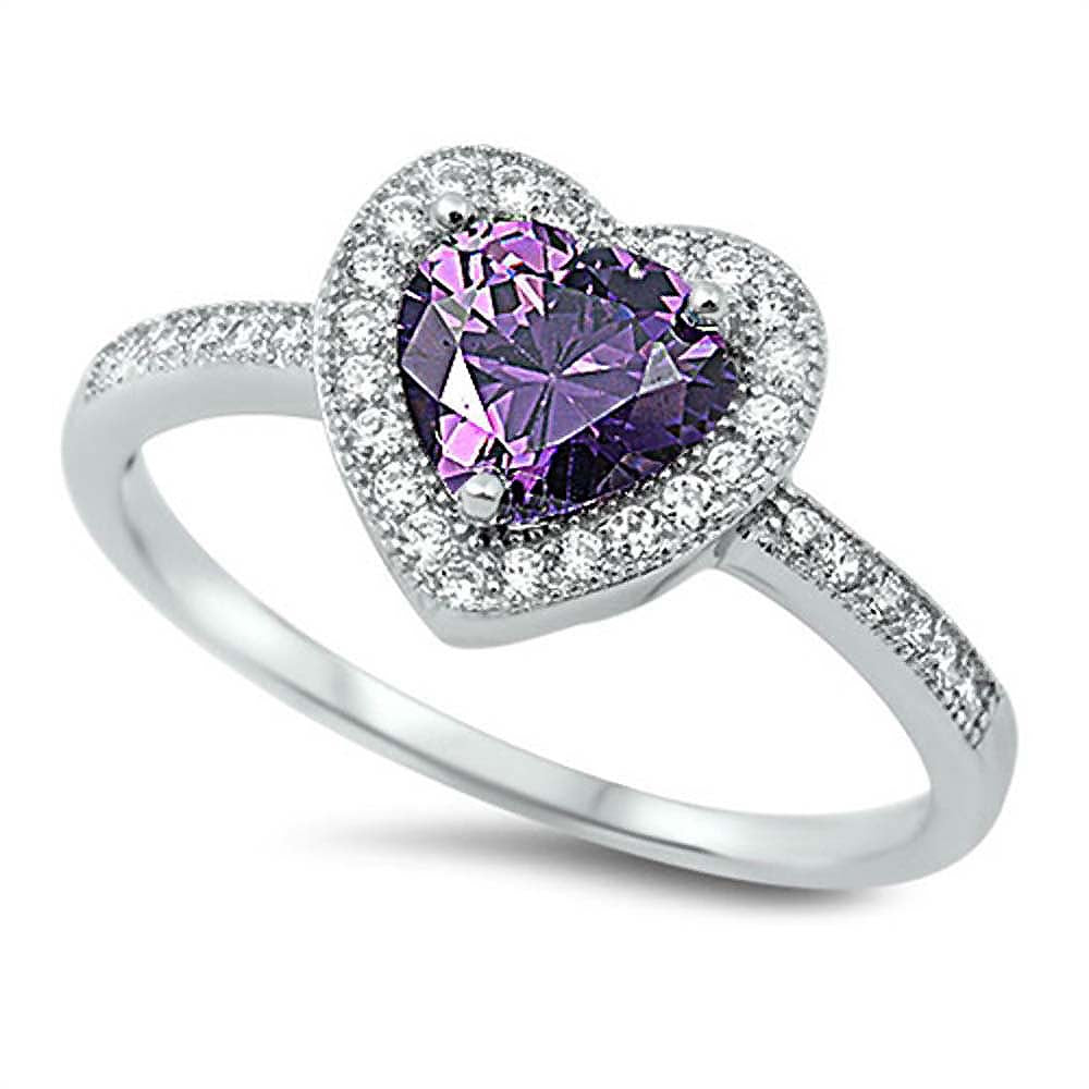 Sterling Silver Heart Shaped Amethyst and Clear CZ Ring, Face Height 10mmAnd Band Width 2mm