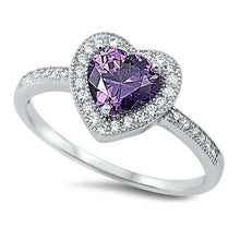 Load image into Gallery viewer, Sterling Silver Heart Shaped Amethyst And Clear CZ RingAnd Face Height 10mmAnd Band Width 2mm