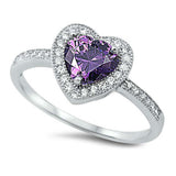 Sterling Silver Heart Shaped Amethyst And Clear CZ RingAnd Face Height 10mmAnd Band Width 2mm