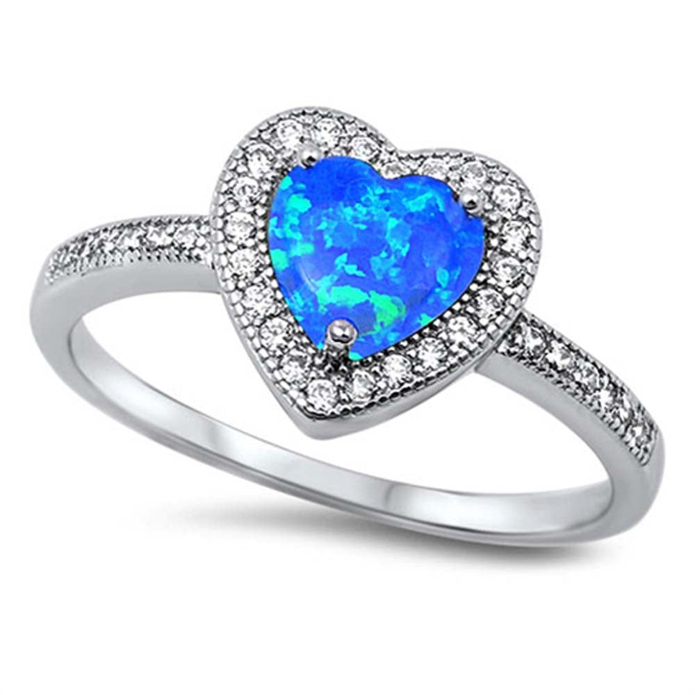 Sterling Silver Trendy Blue Lab Opal Heart Shape with Halo and Inlay Clear CZ Ring, Face Height of 10MM