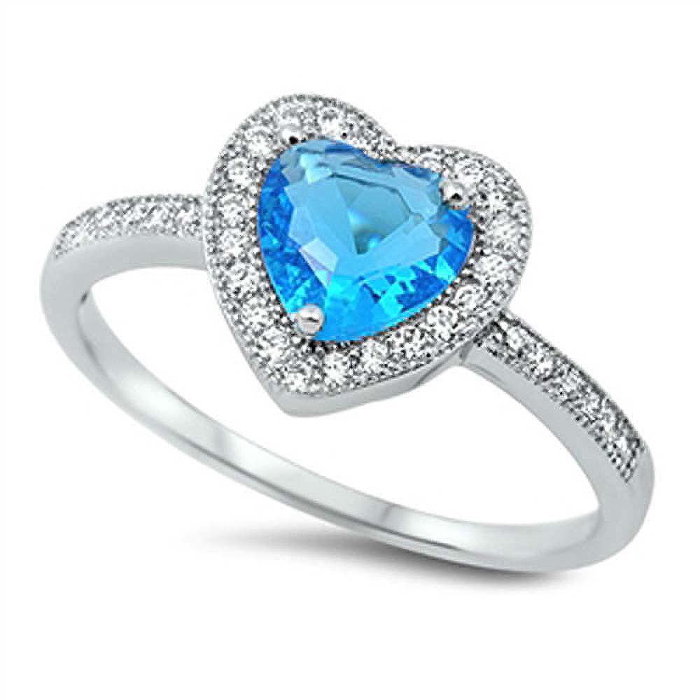 Sterling Silver Blue Topaz Heart Shaped Clear CZ Ring, Face Height 10mmAnd Band Width 2mm