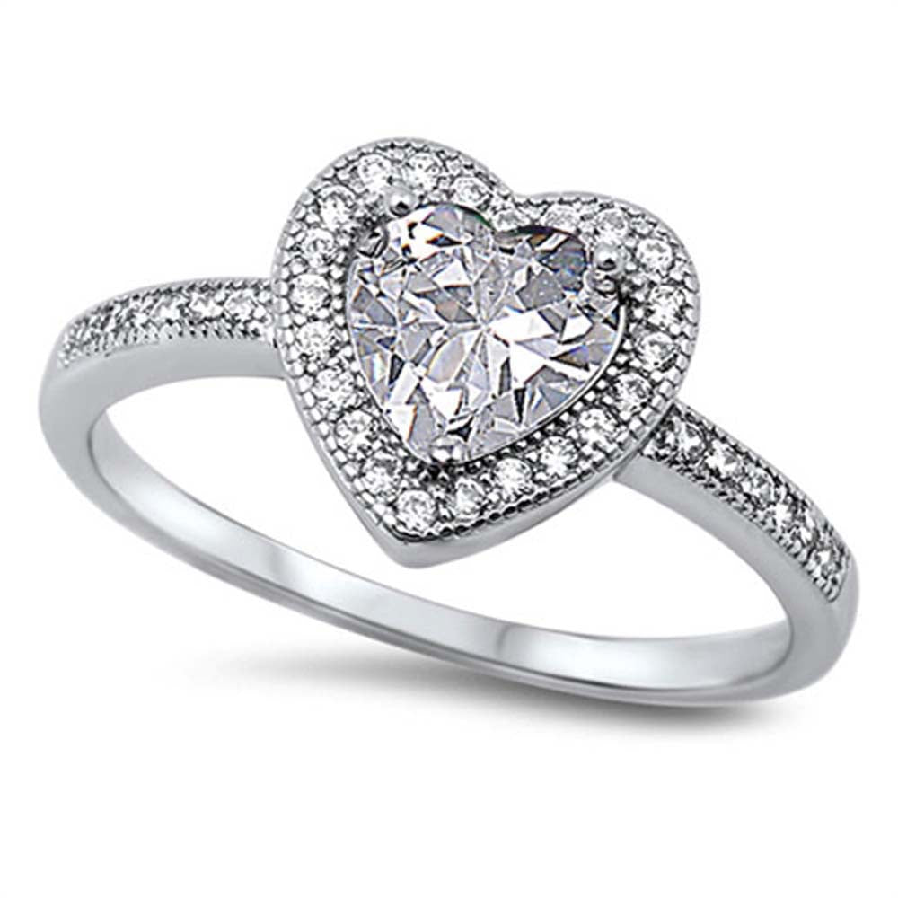 Sterling Silver Heart Shaped Clear CZ Ring, Face Height 10mm, Band Width 2mm
