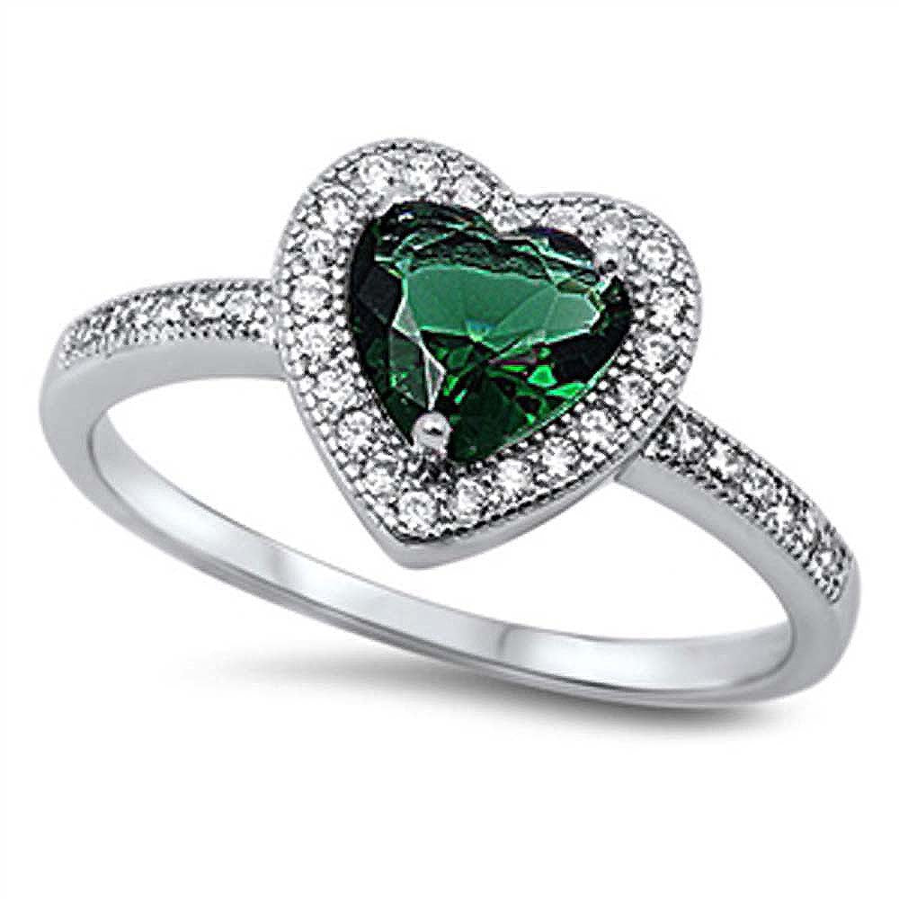 Sterling Silver Emerald Heart Shaped Clear CZ Ring, Face Height 10mm, Band Width 2mm
