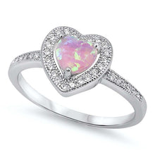 Load image into Gallery viewer, Sterling Silver Trendy Pink Lab Opal Heart Shape with Halo and Inlay Clear CZ RingAnd Face Height of 10MM