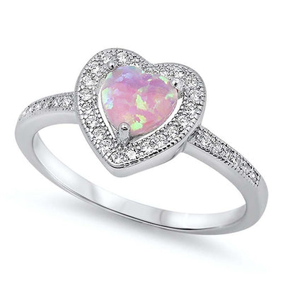 Sterling Silver Trendy Pink Lab Opal Heart Shape with Halo and Inlay Clear CZ RingAnd Face Height of 10MM