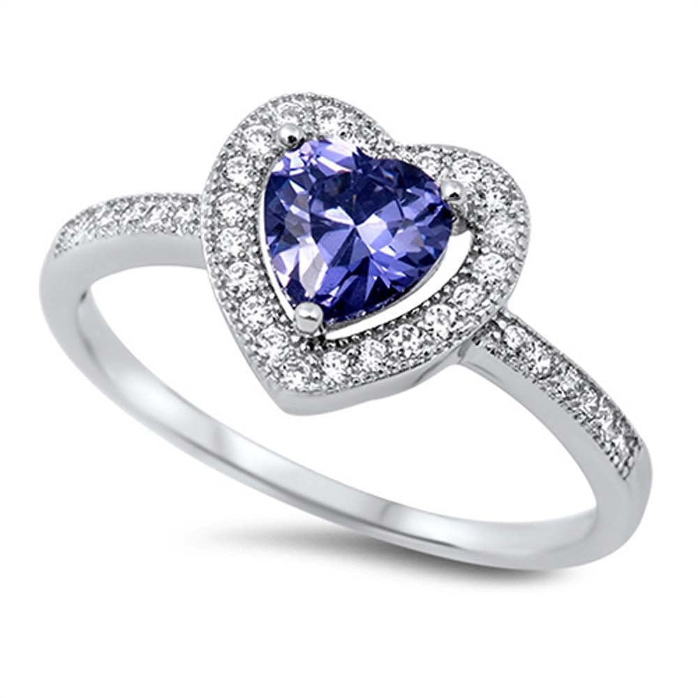 Sterling Silver Heart Shaped Tanzanite CZ Ring, Face Height 10mm, Band Width 2mm