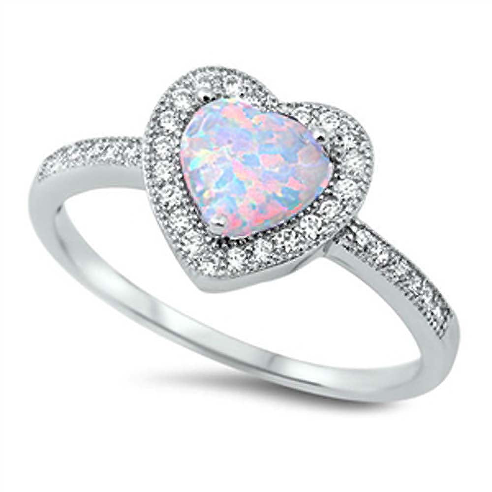 Sterling Silver Trendy White Lab Opal Heart Shape with Halo and Inlay Clear CZ Ring, Face Height of 10MM