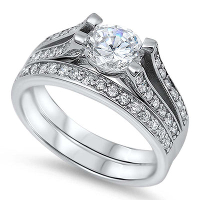 Sterling Silver Elegant Bridal Set Pave Simulated Diamond Band with Centered Clear Round Simulated DiamondAnd Band Width of 5MM and Face Height of 7MM