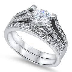 Sterling Silver Elegant Bridal Set Pave CZ Band with Centered Clear Round CZ, Band Width of 5MM and Face Height of 7MM