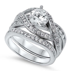 Sterling Silver Elegant Bridal Set Infinity Band Design with Pave Simulated Diamond and Centered Clear Round Solitaire Simulated Daimond on 6 Prong SettingAnd Band Width of 6MM and Face Height of 7MM