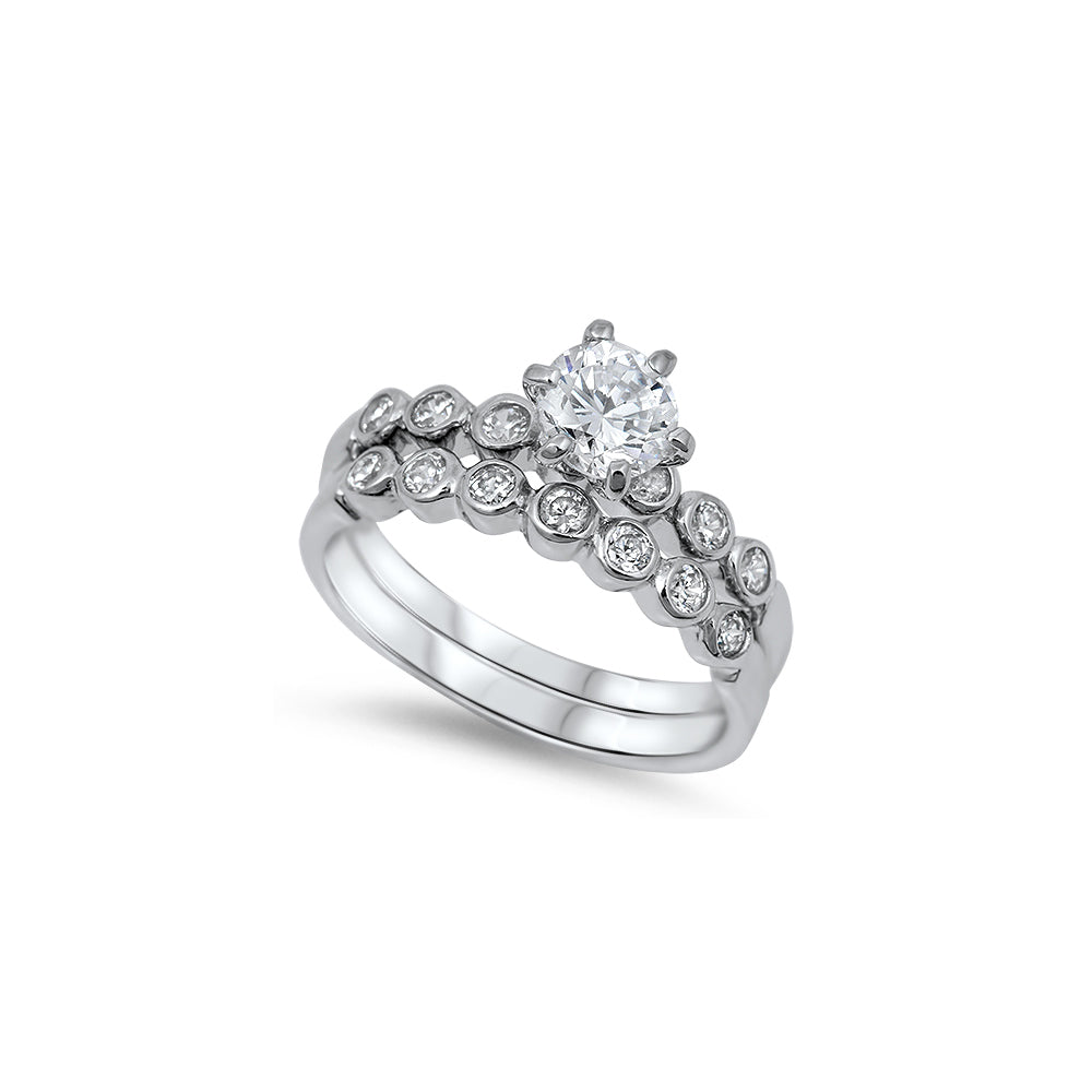 Sterling Silver Bridal Set Band with Round CZ Bezel Set and Centered Round Solitaire CZ on 6 Prong Setting, Band Width of 4MM and Face Height of 6MM