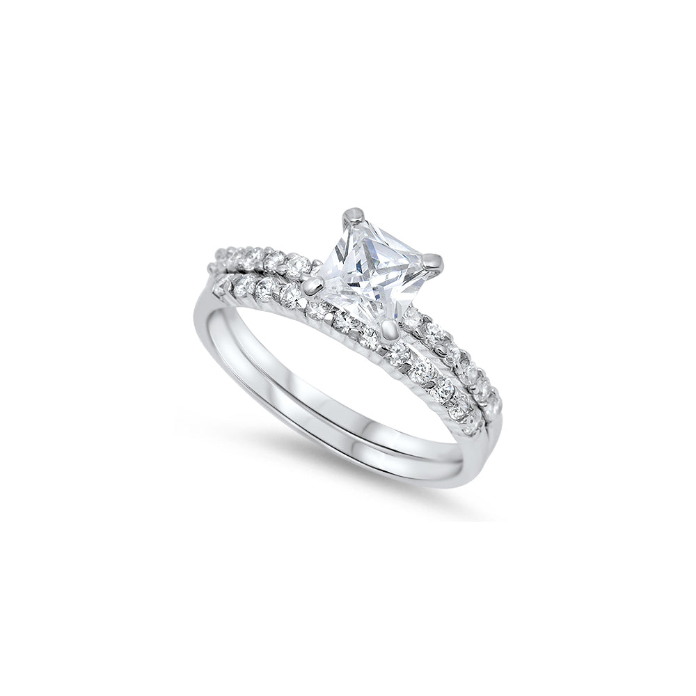 Sterling Silver Bridal Set Band with Pave Simulated Diamond and Centered Clear Princess Cut Solitaire Simulated DiamondAnd Band Width of 3MM and Face Height of 6MM