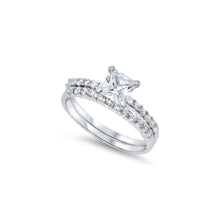 Load image into Gallery viewer, Sterling Silver Bridal Set Band with Pave Simulated Diamond and Centered Clear Princess Cut Solitaire Simulated DiamondAnd Band Width of 3MM and Face Height of 6MM