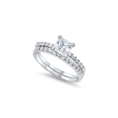 Sterling Silver Bridal Set Band with Pave CZ and Centered Clear Princess Cut Solitaire, Band Width of 3MM and Face Height of 6MM