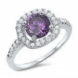 Sterling Silver Rhodium Plated Round Shaped Amethyst And Clear CZ RingAnd Face Height 8mmAnd Band Width 2mm