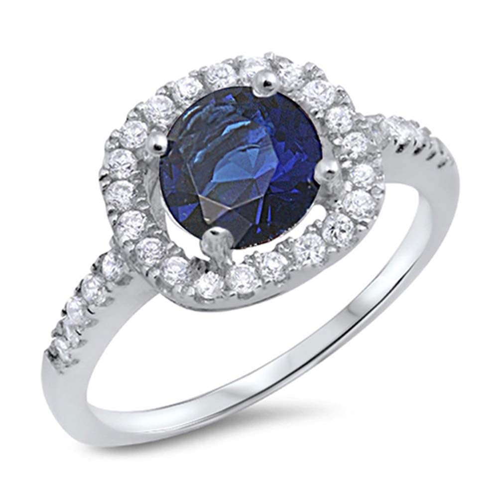 Sterling Silver Rhodium Plated Round Shaped Blue Sapphire And Clear CZ RingAnd Face Height 8mmAnd Band Width 2mm