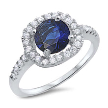 Load image into Gallery viewer, Sterling Silver Rhodium Plated Round Shaped Blue Sapphire And Clear CZ RingAnd Face Height 8mmAnd Band Width 2mm