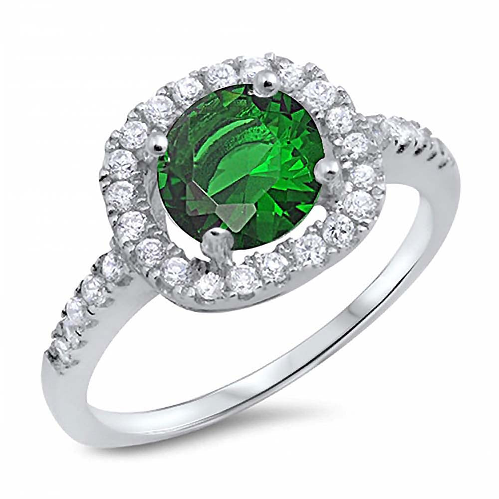 Sterling Silver Rhodium Plated Round Shaped Emerald And Clear CZ RingAnd Face Height 8mmAnd Band Width 2mm