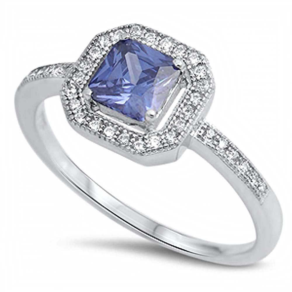 Sterling Silver Classy Princess Cut Tanzanite Cz with Pave Halo Setting RingAnd Face Height of 6MMAnd Band Width: 2MM