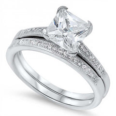 Sterling Silver Elegant Bridal Set with Clear Princess Cut Solitaire CZ and Band Inlaid with Pave CZ, Band Width of 4MM and Center Stone Size of 7MM