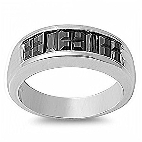 Sterling Silver Rhodium Plated Wedding Band Shaped Black CZ RingAnd Face Height 8mm